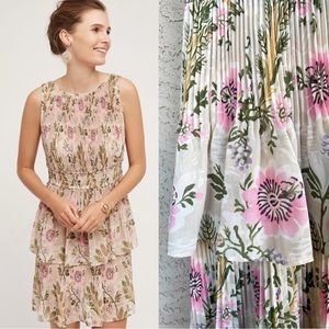 Anthropologie Sleeveless Floral Pleated Mini Dress in Cream, Pink & Green